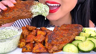 ASMR STEAK in SPICY GREEN AIOLI with ROASTED POTATOES Yummy Eating Sounds No Talking  ASMR Phan [upl. by Novia]