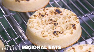 How English Crumpets Are Made At Europes Biggest Bakery  Regional Eats [upl. by Darin612]