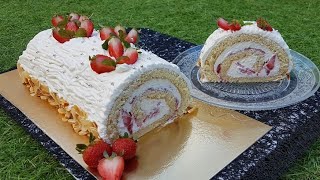 🍓L’authentique recette du Roulé aux fraises🍓façon bûche super moelleux fondant et crémeux 😋 [upl. by Anitnelav792]