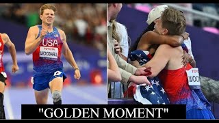 Hunter Woodhall and Tara Davis Woodhall Share Emotional Hug After His Gold Medal Win at Paralympics [upl. by Clotilda]