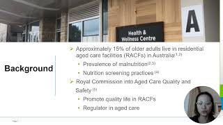 Nutrition Screening Practices among Australian Residential Aged Care Facilities Ten Years Followup [upl. by Ardnoel]