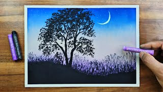 An evening aesthetic with waxing Crescent  Oil pastel landscape drawing ideas for beginners [upl. by Atnuahc]