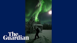 Spectacular northern lights display in Finland captures by skier [upl. by Erund86]