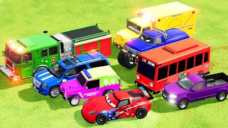 TRANSPORTING CARS MONSTER TRUCK AMBULANCE FIRE TRUCK POLICE CARS OF COLORS WITHTRUCKS  FS22 [upl. by Adriano]