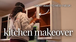 DIY BUDGET KITCHEN MAKEOVER EP 2  Painting Oak Cabinets amp Installing New Cabinet Hardware [upl. by Okika]