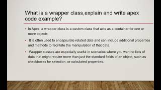 Salesforce developer interview questions part 12 Apex 2024 What are wrapper class in salesforce Apex [upl. by Aivatnuhs56]