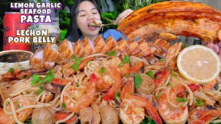 Lemon Garlic Shrimp Pasta with Lechon Pork Belly Mukbang [upl. by Oznecniv583]