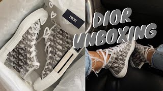 DIOR UNBOXING  SIZING  REVIEW  DIOR B23 OBLIQUE HIGH TOP  LAUREN CROWE [upl. by Erialcyram]