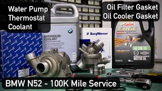 BMW Z4 N52  Water Pump Thermostat Oil Filter amp Cooler Gasket  100K Mile Service Overview [upl. by Eenert]