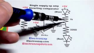 Inverting comparator circuit using op amp LM358 single supply schematic and breadboard tutorial [upl. by Aihtnyc536]