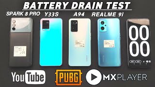 Battery Drain Test Oppo A76 V Realme 9i VS Vivo Y33S V Tecno Spark 8 Pro  PUBG YouTube Mx Player [upl. by Dierdre]