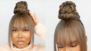 FAUX TOP KNOT BUN WITH FAUX BANGS USING KANEKALON BRAIDING HAIR  QUICK amp EASY PROTECTIVE STYLING [upl. by Anear]