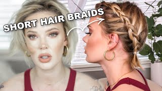 HOW TO BRAID VERY SHORT HAIR Easy Milk Maid Dutch Braid Tutorial   ImMalloryBrooke [upl. by Beret]