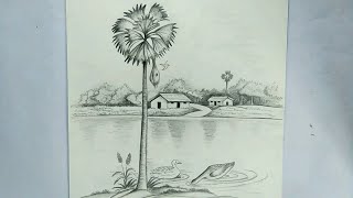 how to draw a village scenery  palmyra palm tree drawing [upl. by Olimreh]