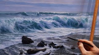 How I paint a REALISTIC WAVE  Oil Painting Techniques [upl. by Hakilam]