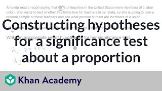 Constructing hypotheses for a significance test about a proportion  AP Statistics  Khan Academy [upl. by Beora]