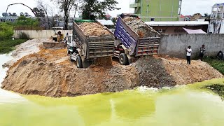 Excellent ​5TON Dump Trucks Loading And Dozer D31P KOMATSU Cutting Land into the Water [upl. by Cris]