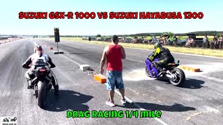 Suzuki GSXR 1000 vs Suzuki Hayabusa 1300 motorcycle drag racing 14 mile🚦🏍  4K UHD [upl. by Inad]