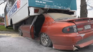 Timaru motorist has lucky escape after getting his car wedged under parked bus [upl. by Renault]