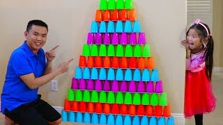 Emma Pretend Play w Giant Colorful Cup Wall Challenge Game Build Pyramid Kids Toys [upl. by Avahc]