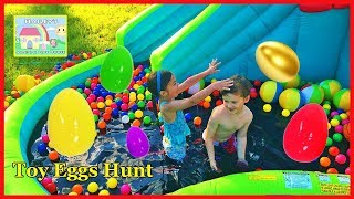 Slime Pool Surprise Toys Hunt on Huge Inflatable Water Slide Outdoor Play [upl. by Marchelle]