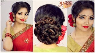 ★EASY Wedding HAIRSTYLE for Saree  Pohela Boishakh Hairstyle 2018  Braided Low Bun with Flowers [upl. by Nnalatsyrc192]