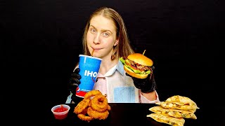 ASMR MOST POPULAR FOOD AT IHOP NO TALKSTEAKBURGER 🍔 BACON 🥓ONION RINGS🧅 QUEASADILLIA PEPSI 🥤 [upl. by Enymzaj]