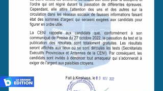 Communiqué de la CENI sur le test pratique de recrutement [upl. by Birecree841]