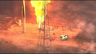 Massive pipeline fire in suburban Houston forces evacuations Firefighter hurt [upl. by Roana]