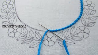 Wow its so cute floral neckline embroidery for kurti New hand embroidery neck design tutorial [upl. by Grim652]