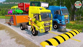 Double Flatbed Trailer Truck vs speed bumpsBusses vs speed bumpsBeamng Drive389 [upl. by Nosnar]