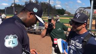 Aroldis Chapman almost hits prospect throwing BP signs autographs [upl. by Freda150]