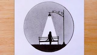 A girl is sitting alone under a street lamp  How to draw  night scenery  pencil sketch [upl. by Ilarrold]