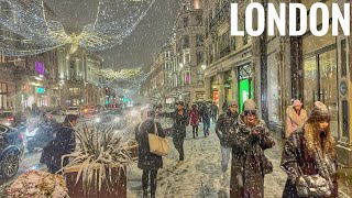 London SNOW Walk ⛄ Snowing Central London 2022  London Best Christmas Lights tour in Snow [upl. by Perusse]