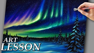 Acrylic Landscape Painting Lesson  Northern lights and night stars [upl. by Aonian]