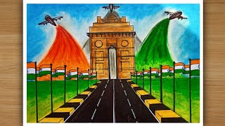 Republic day drawing easy with oil pastelIndependent day drawing easy India gate drawing [upl. by Eynobe]