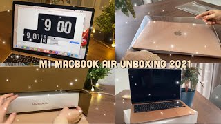 🍎 M1  Gold  MacBook Air UNBOXING 2021 setting up  accessories [upl. by Nereen446]