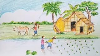 How to draw scenery of working people  cultivation step by step [upl. by Aneek]