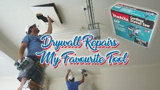 Drywall Repair Patch Step 1 Using My Cordless Drywall Saw [upl. by Waal]