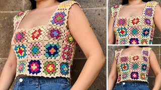 Top a Crochet con Grannys  Tutorial  Diestra [upl. by Imoyik775]