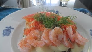 Danish Openfaced Potato Seafood Sandwich ❤️ Smørrebrød med Kartoffel Rejer Laks og Rogn [upl. by Newby]