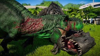 2 Green TRex Vs 2 Indominus Rex Vs 2 Giganotosaurus  Jurassic World Evolution [upl. by Iveksarap834]