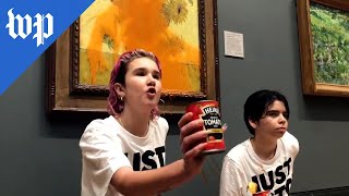 Climate protesters throw soup on Van Gogh painting [upl. by Ashia]