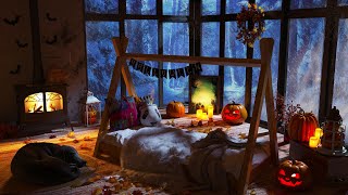 Spooky Halloween Ambience amp Dog  Snowfall Fireplace amp Wind Sounds  Snowy Halloween [upl. by Hasan]