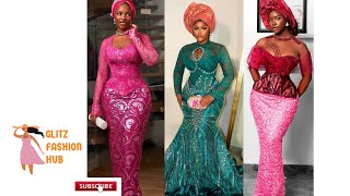 LATEST ASOEBI LACE STYLES 2024 NIGERIAN FASHION STYLES FOR LADIES DAMASK GOWN STYLES FOR LADIES [upl. by Llekcir]