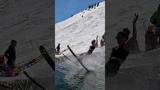 Girls Pond Skim  Water Slide Challenge Grimentz 26 skiing ski switzerland suisse schweiz [upl. by Yenots]