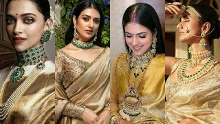 Jewellery ideas with golden saree  golden Saree With Jewellery Sets  sareejewellery [upl. by Sinned726]