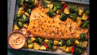 Periperi Salmon with Broccoli and Potatoes  Whole30  Paleo  One sheet pan meal [upl. by Kellie]