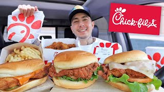 MUKBANG EATING ChickFilA Spicy Deluxe Chicken Sandwiches Regular Sandwich Nuggets Waffle Fries [upl. by Kubetz]