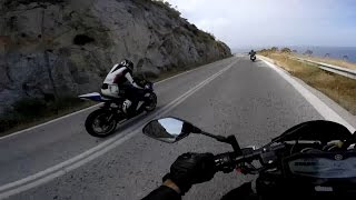 Yamaha MT07 onboard vs YZFR6  Fast ride to Sounio with friends [upl. by Namor]